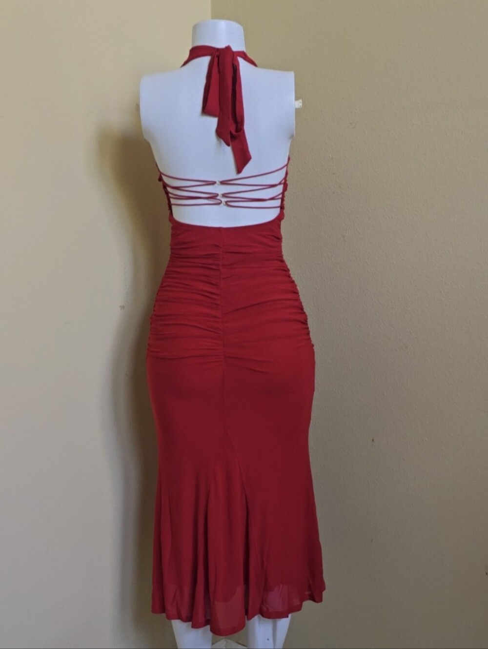Red Halter Midi Dress with Ruched Waist